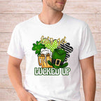 St. Patricks Day shirt featuring a beer mug, shamrocks, and a leprechaun hat with the phrase 'Let's Get Lucked Up'.