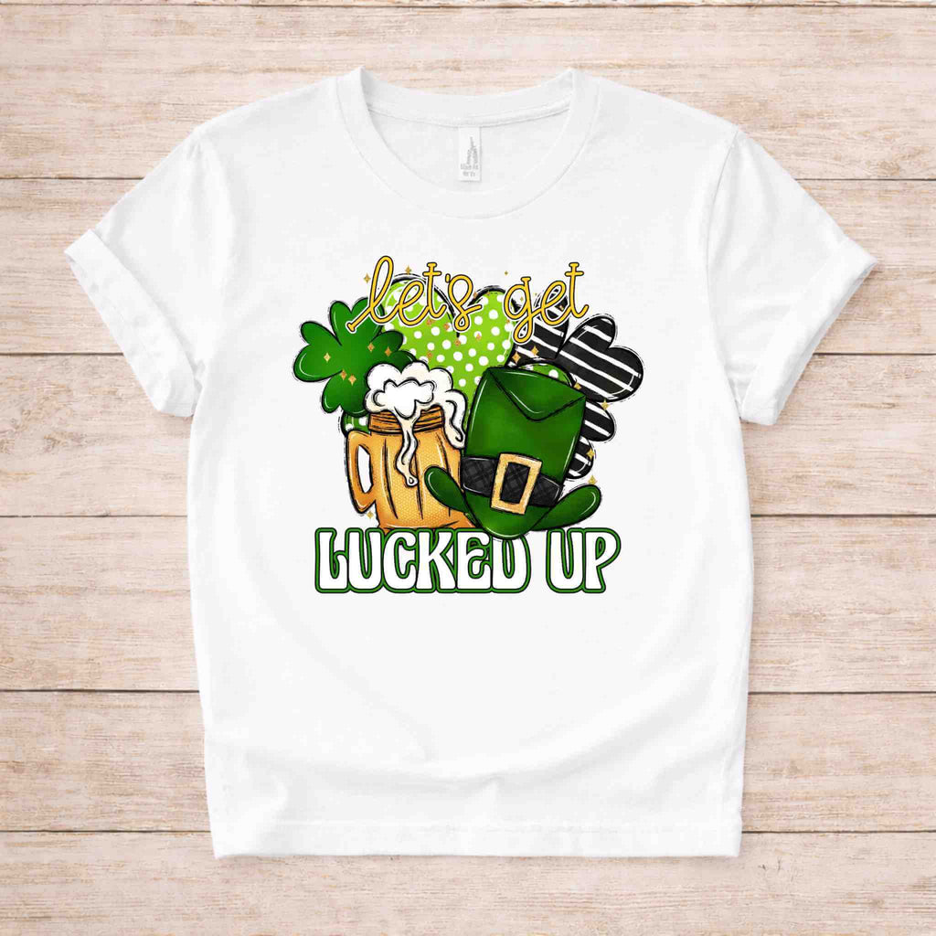 St. Patricks Day shirt featuring frothy beer, shamrocks, and a leprechaun hat in a fun design.