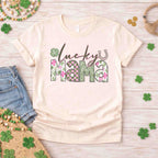 St. Patricks Day Lucky Mama T-Shirt with floral and checkered design, perfect for matching with your mini.