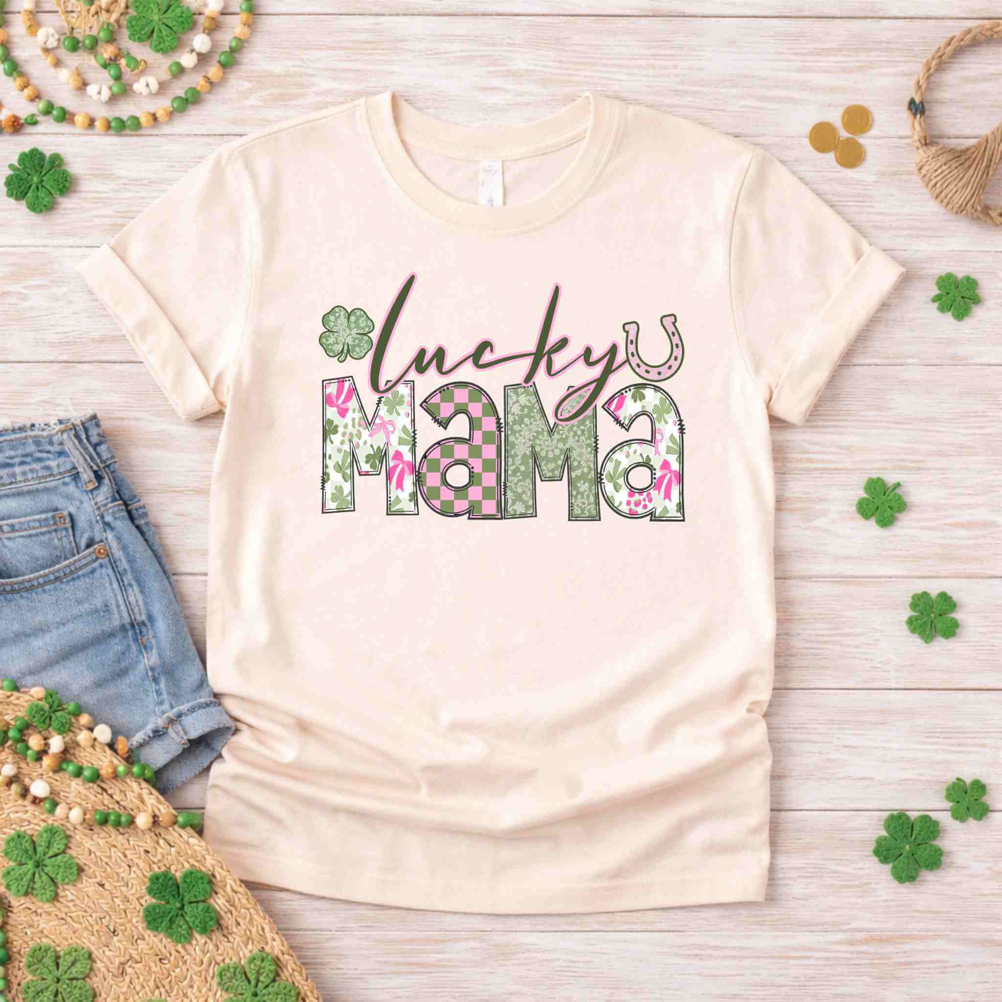 St. Patricks Day Lucky Mama T-Shirt with floral and checkered design, perfect for matching with your mini.