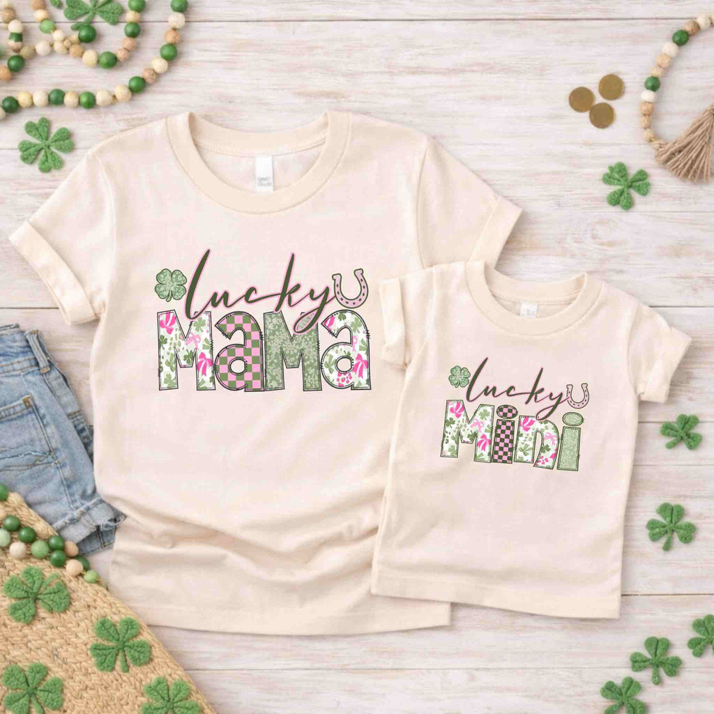 St. Patricks Day T-Shirt Set featuring matching Lucky Mama and Lucky Mini designs in floral and checkered patterns.