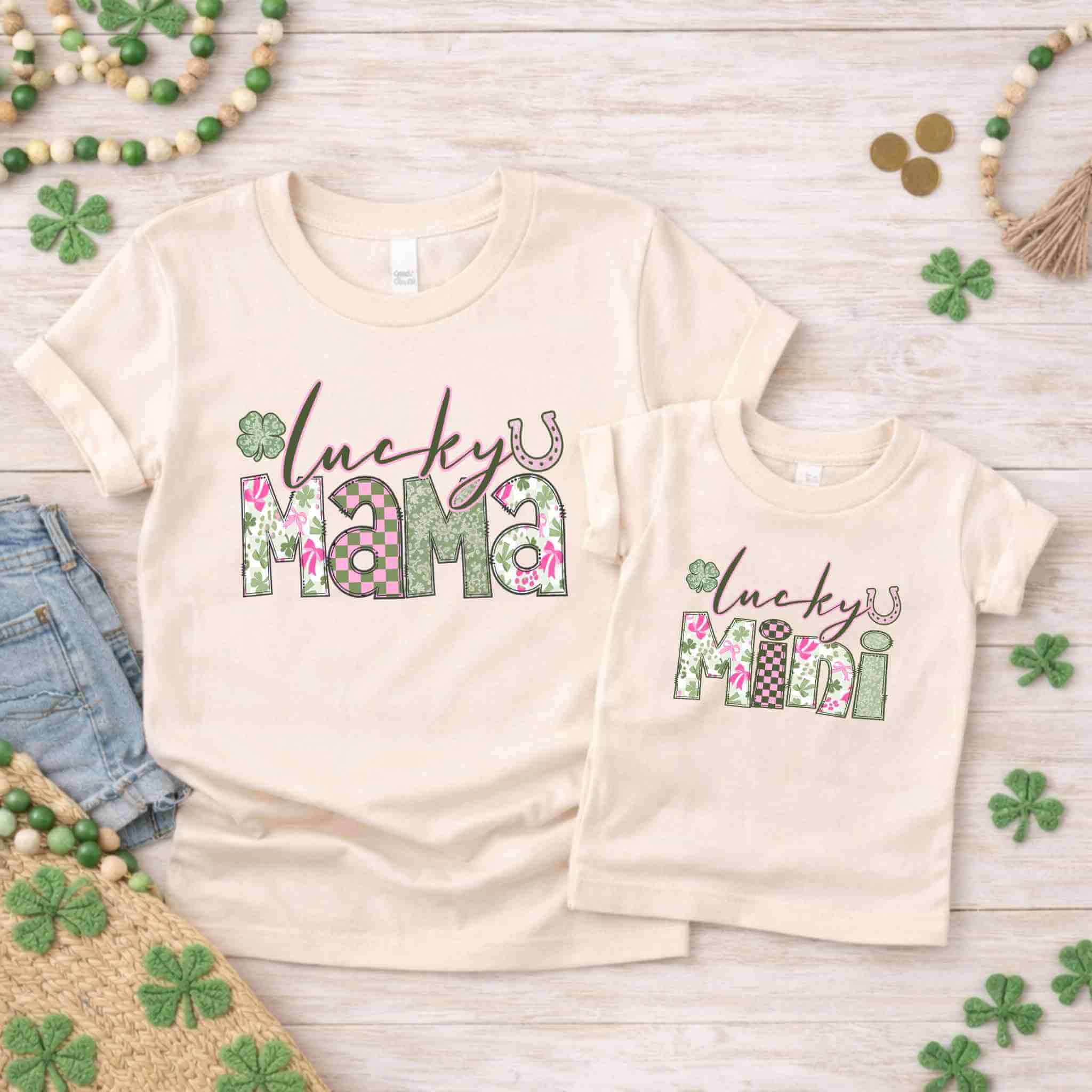 St. Patricks Day T-Shirt Set featuring matching Lucky Mama and Lucky Mini designs in floral and checkered patterns.