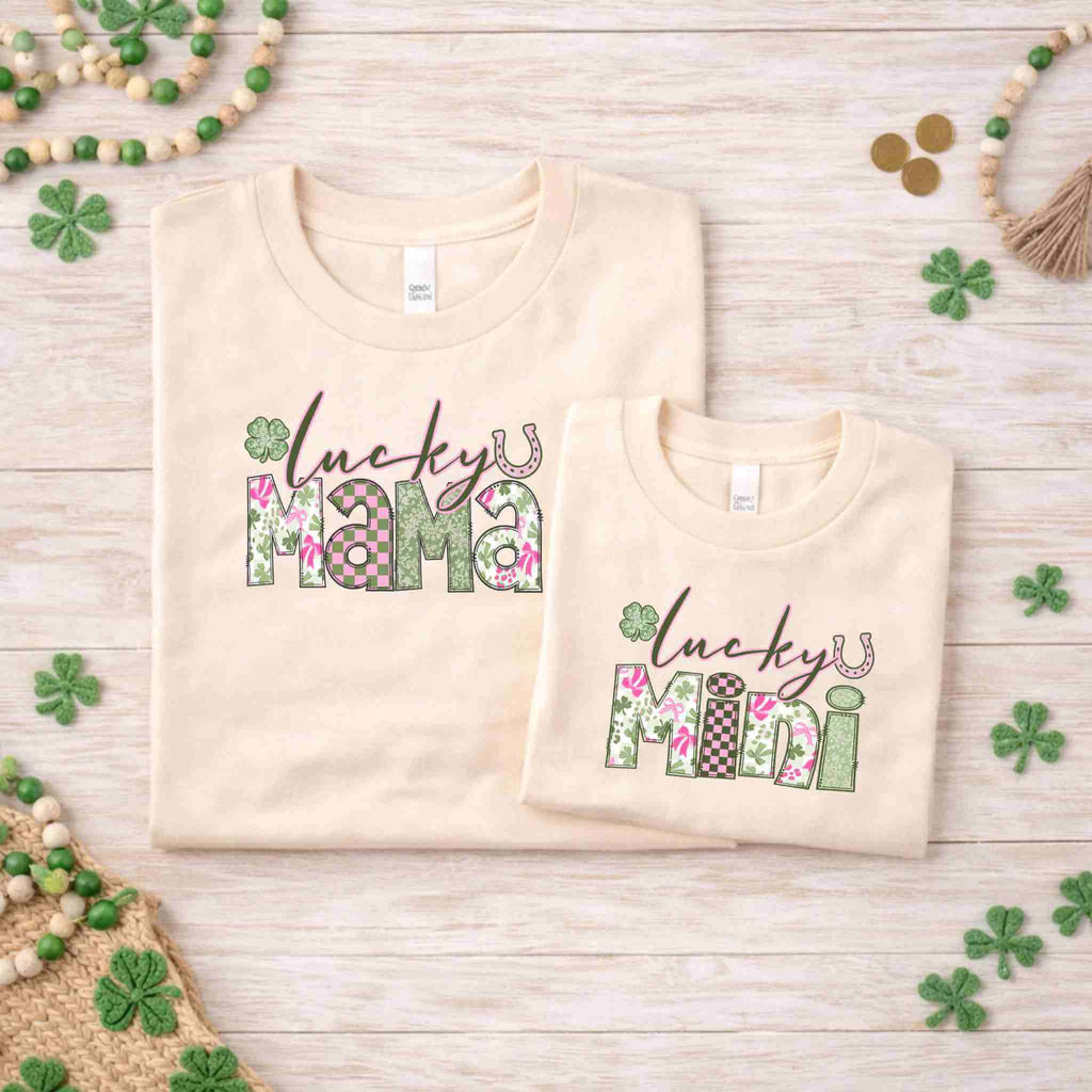 St. Patricks Day matching t-shirt set featuring 'Lucky Mama' and 'Lucky Mini' designs with floral accents.