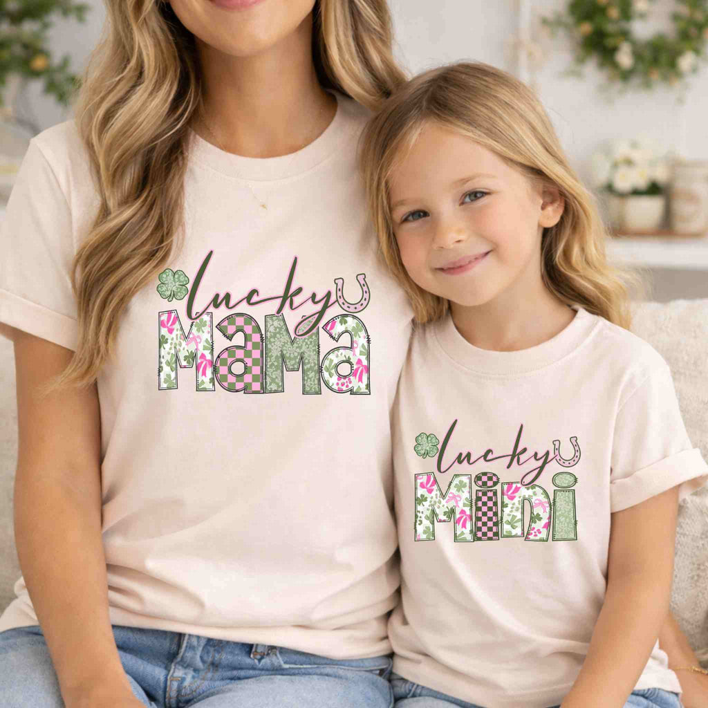 St. Patricks Day Mama and Mini matching t-shirt set with floral designs and shamrock accents.