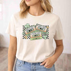 St. Patricks Day shirt featuring retro cassette graphic and shamrock details on a light-colored tee.