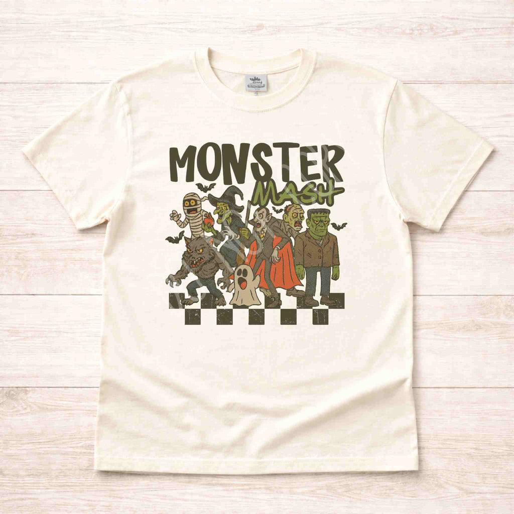 Monster Mash T-Shirt featuring vintage Halloween monster design on cream fabric, perfect for spooky celebrations.