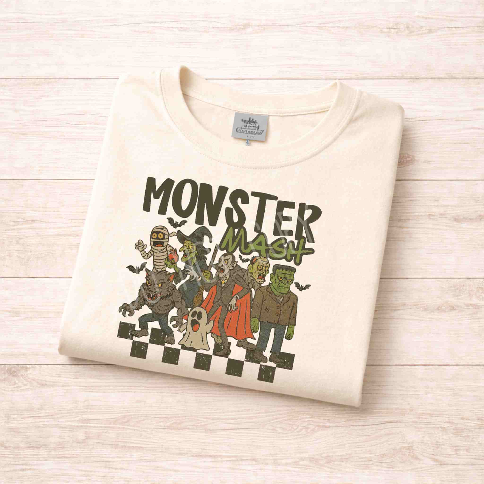 Monster Mash T-Shirt featuring retro Halloween designs with classic monsters and spooky vibes.