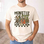 Man wearing a Monster Mash T-Shirt featuring spooky cartoon characters in a festive Halloween design.