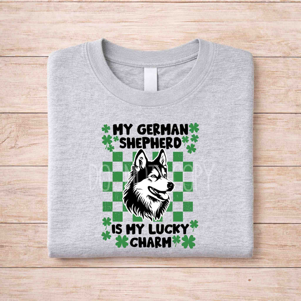 St Patricks Day dog lover shirt featuring German Shepherd with text 'My German Shepherd Is My Lucky Charm' on gray tee.
