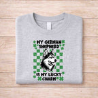 St Patricks Day dog lover shirt featuring German Shepherd with text 'My German Shepherd Is My Lucky Charm' on gray tee.