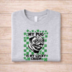 St Patricks Day dog lover shirt featuring pug with text 'My Pug Is My Lucky Charm' and shamrock design.
