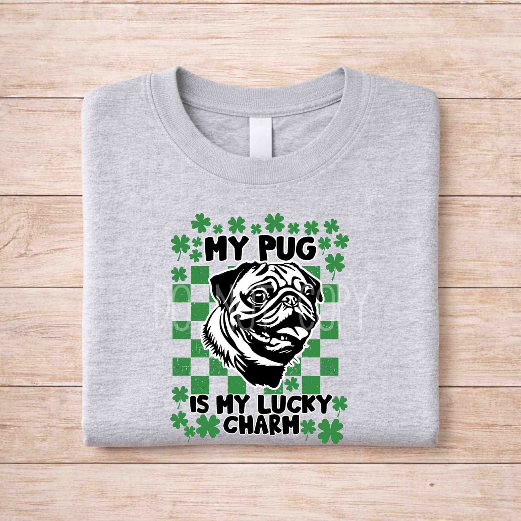 St Patricks Day dog lover shirt featuring pug with text 'My Pug Is My Lucky Charm' and shamrock design.