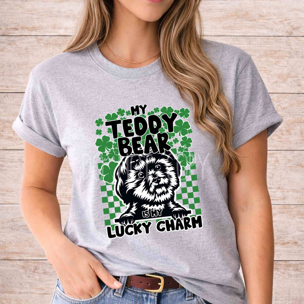 St Patricks Day dog lover shirt featuring a cute dog graphic and the text 'My Teddy Bear Is My Lucky Charm'