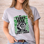 St Patricks Day dog lover shirt featuring a cute dog graphic and the text 'My Teddy Bear Is My Lucky Charm'