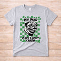 St Patricks Day dog lover shirt featuring a pug with the text 'My Pug Is My Lucky Charm' in festive design.
