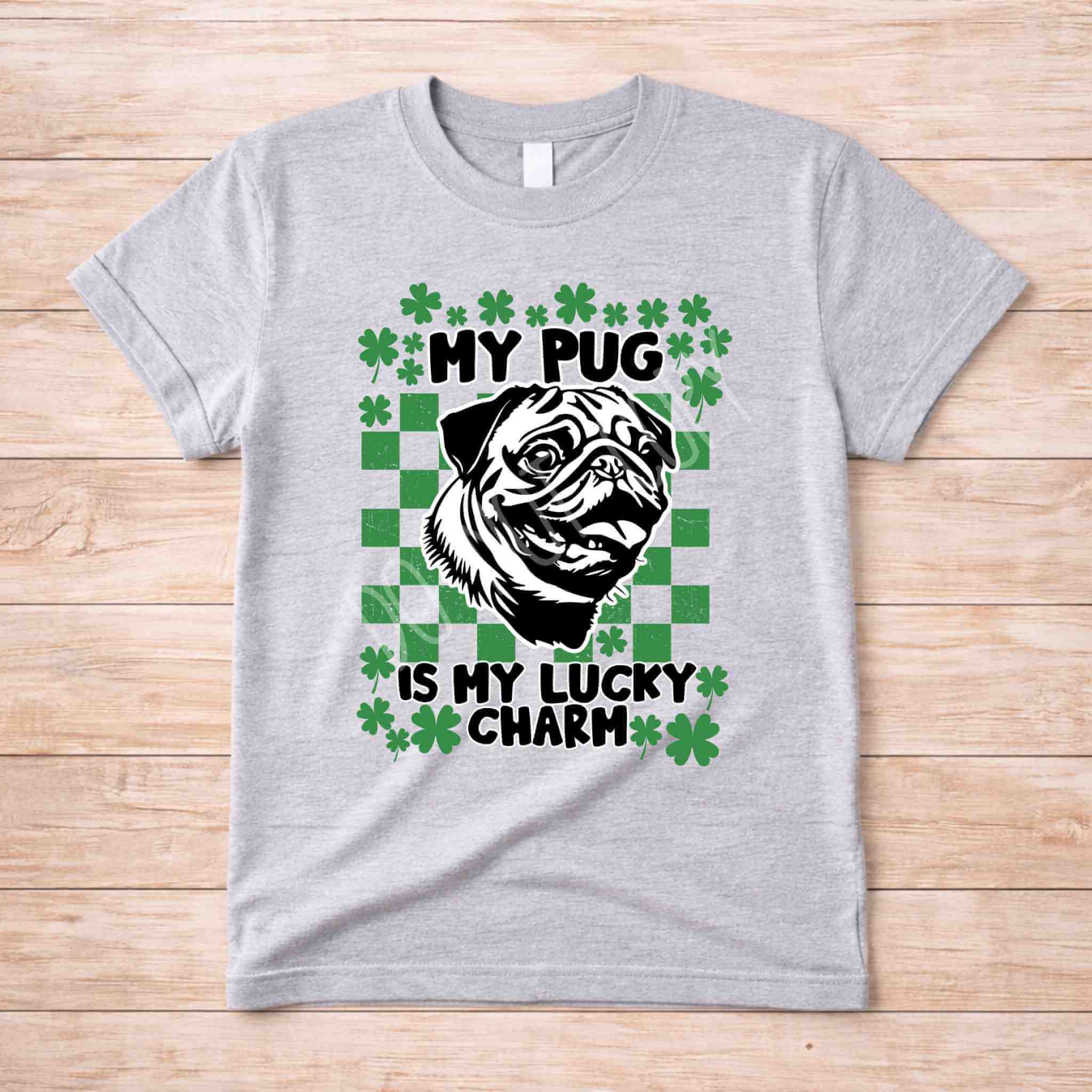 St Patricks Day dog lover shirt featuring a pug with the text 'My Pug Is My Lucky Charm' in festive design.