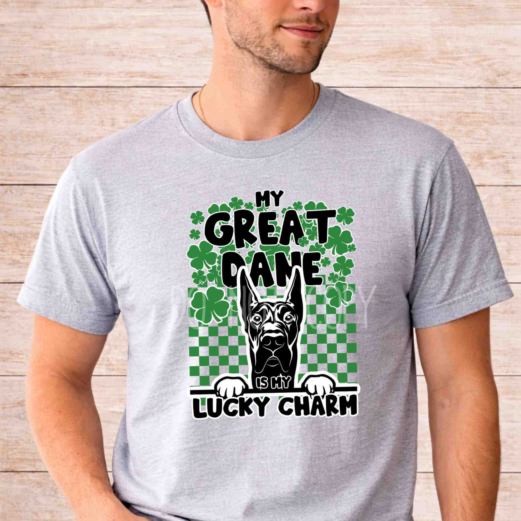 St Patricks Day dog lover shirt featuring a Great Dane and lucky charm design, perfect for dog lovers celebrating.