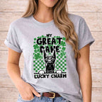 St Patricks Day dog lover shirt featuring a Great Dane with the text 'My Great Dane Is My Lucky Charm' and shamrock design.