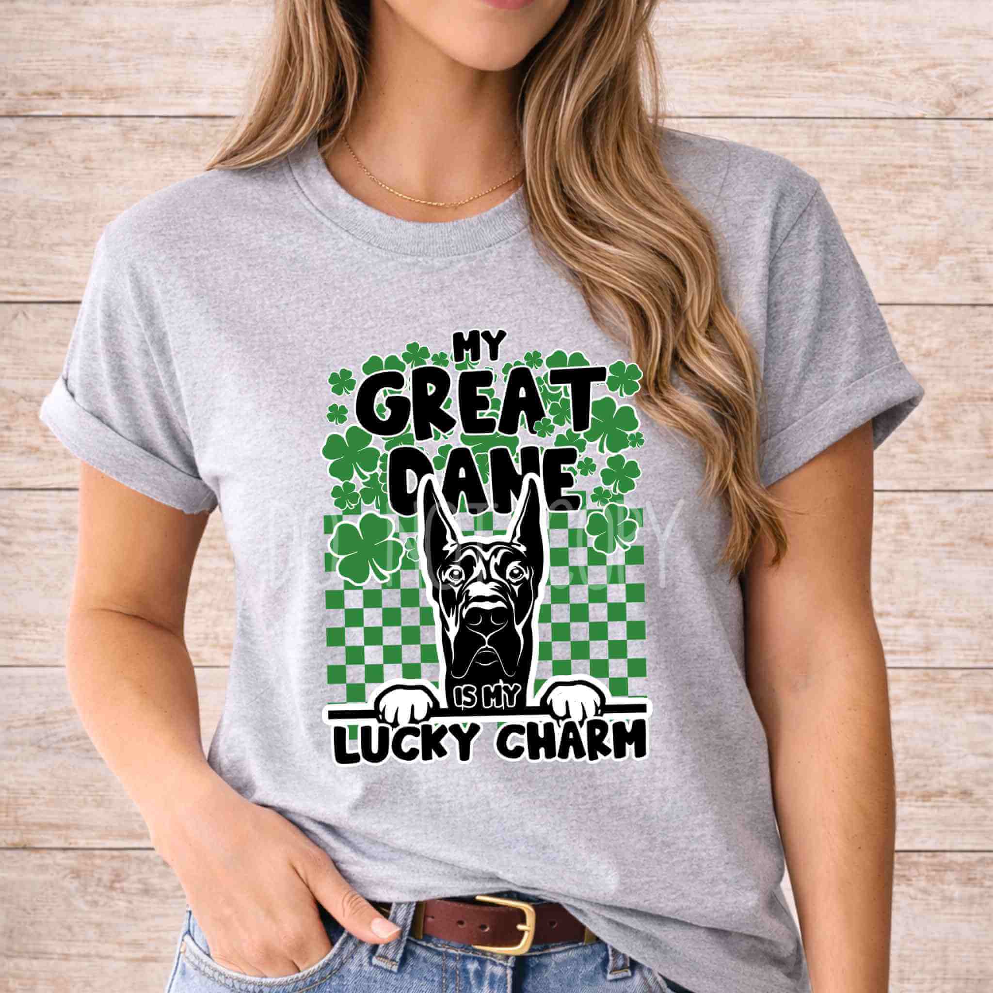 St Patricks Day dog lover shirt featuring a Great Dane with the text 'My Great Dane Is My Lucky Charm' and shamrock design.