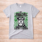 St Patricks Day dog lover shirt featuring a Schnauzer and clovers, perfect for celebrating with your pup.