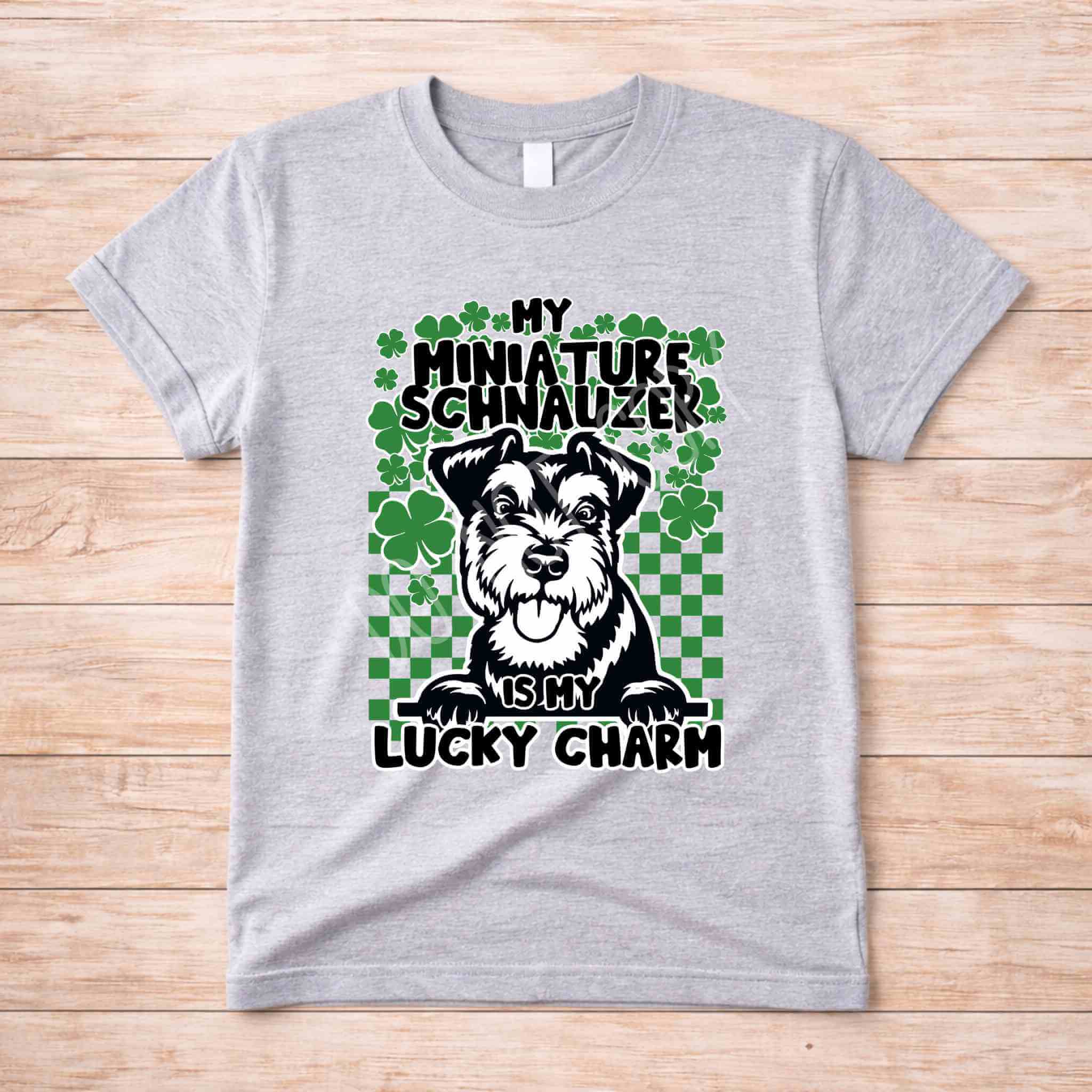 St Patricks Day dog lover shirt featuring a Schnauzer and clovers, perfect for celebrating with your pup.