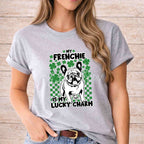 St Patricks Day dog lover shirt featuring a French Bulldog with the text 'My Frenchie Is My Lucky Charm'.