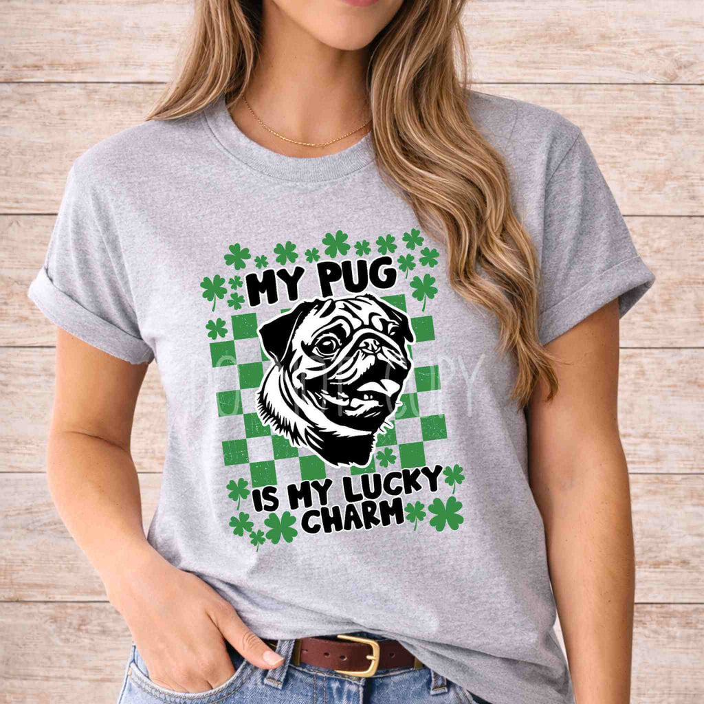 St Patricks Day dog lover shirt featuring a pug with the text 'My Pug Is My Lucky Charm' on a festive green background.