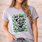 St Patricks Day dog lover shirt featuring a pug with the text 'My Pug Is My Lucky Charm' on a festive green background.