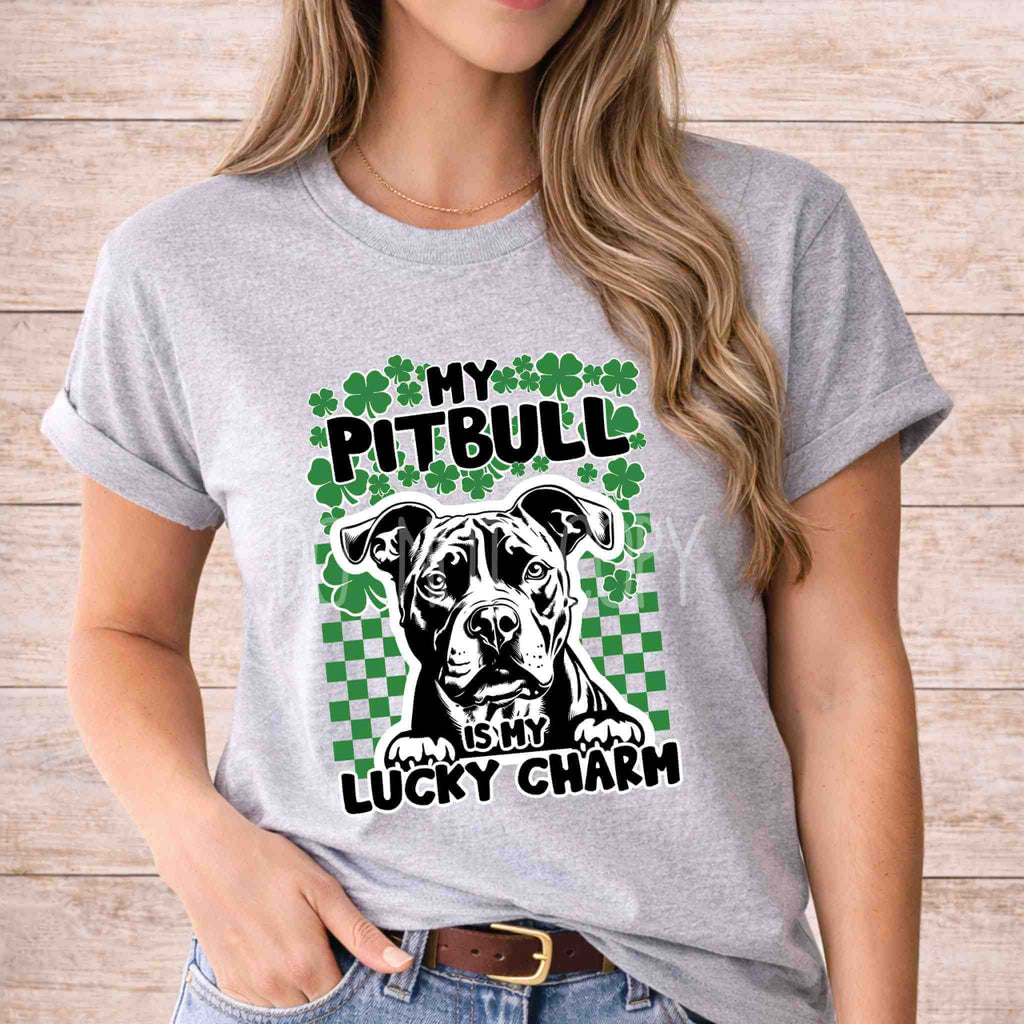 St Patricks Day dog lover shirt featuring a pitbull design saying My Pitbull Is My Lucky Charm.
