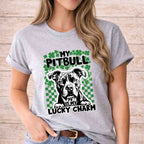 St Patricks Day dog lover shirt featuring a pitbull design saying My Pitbull Is My Lucky Charm.