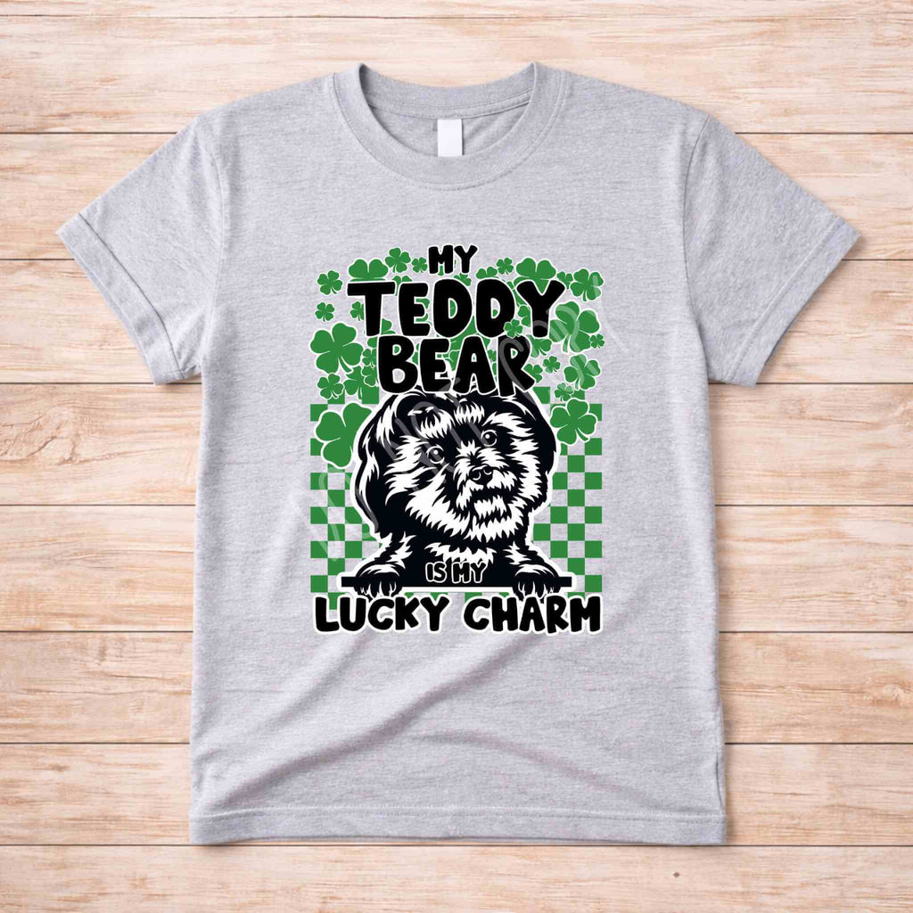St Patricks Day dog lover shirt with graphic of a dog and text 'My Teddy Bear Is My Lucky Charm'