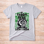 St Patricks Day dog lover shirt with graphic of a dog and text 'My Teddy Bear Is My Lucky Charm'