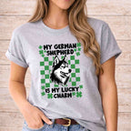 St Patricks Day dog lover shirt featuring a German Shepherd design with the text 'My German Shepherd is my lucky charm'