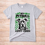 St Patricks Day dog lover shirt featuring a Pit Bull with the phrase 'My Pit Bull Is My Lucky Charm' on a gray tee.