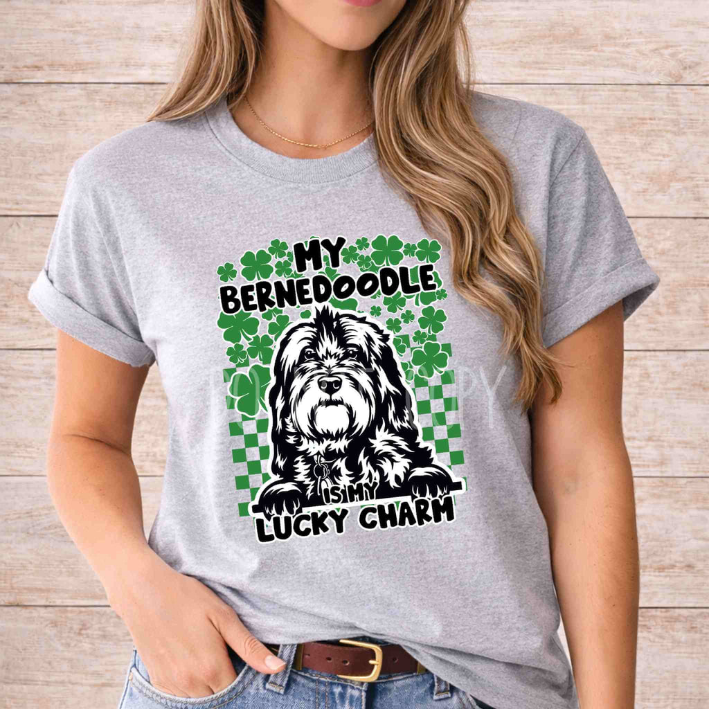 St Patricks Day dog lover shirt featuring a Bernedoodle and text 'My Bernedoodle Is My Lucky Charm' with green shamrocks