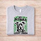 St Patricks Day dog lover shirt featuring a Pitbull with the text 'My Pitbull Is My Lucky Charm' on a grey t-shirt.