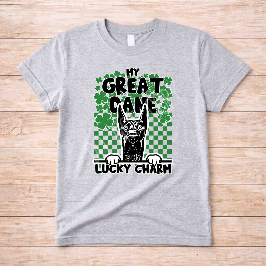 St Patricks Day dog lover shirt - My Great Dane Is My Lucky Charm on a grey t-shirt with clovers design.