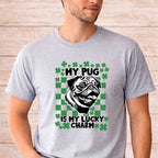 St Patricks Day dog lover shirt featuring a pug with the text My Pug Is My Lucky Charm on a gray background.