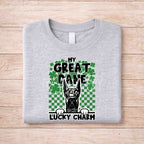 St Patricks Day dog lover shirt featuring a Great Dane design stating 'My Great Dane Is My Lucky Charm'.