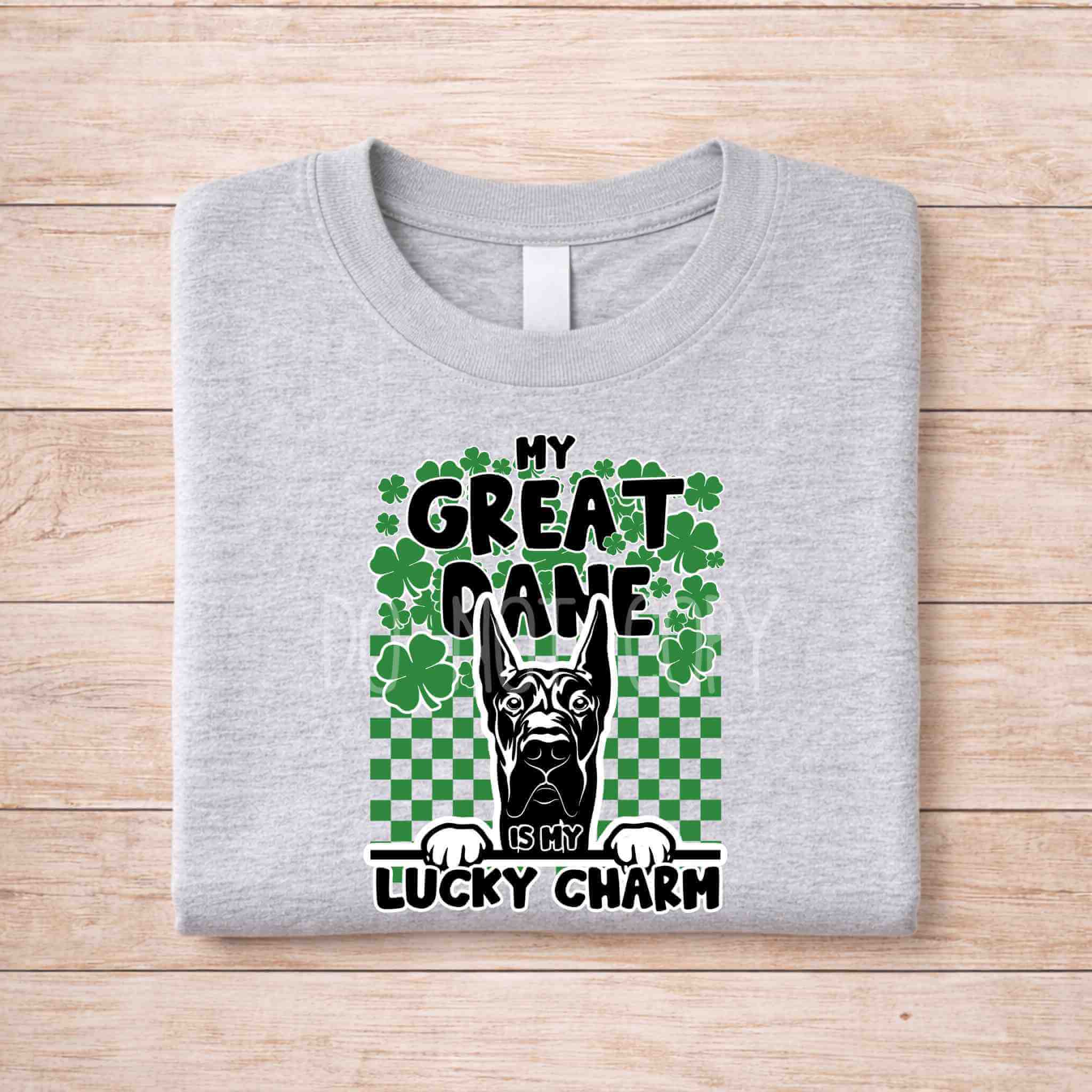 St Patricks Day dog lover shirt featuring a Great Dane design stating 'My Great Dane Is My Lucky Charm'.