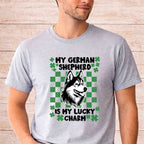 St Patricks Day dog lover shirt featuring a German Shepherd design and text 'My German Shepherd Is My Lucky Charm'.