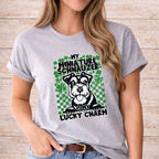 St Patricks Day dog lover shirt featuring a Schnauzer graphic and the phrase 'My Miniature Schnauzer Is My Lucky Charm'.