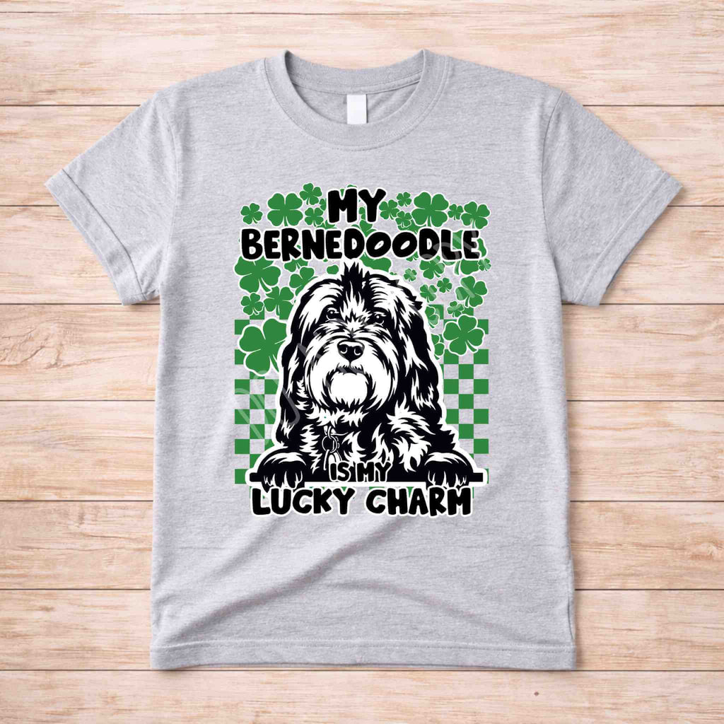 St Patricks Day dog lover shirt featuring a Bernedoodle with the phrase My Dog Is My Lucky Charm and shamrock designs.