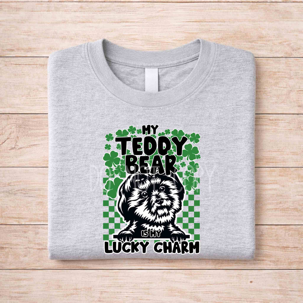 St Patricks Day dog lover shirt featuring a design that says 'My Teddy Bear Is My Lucky Charm' with green clovers.