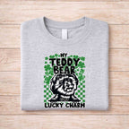 St Patricks Day dog lover shirt featuring a design that says 'My Teddy Bear Is My Lucky Charm' with green clovers.