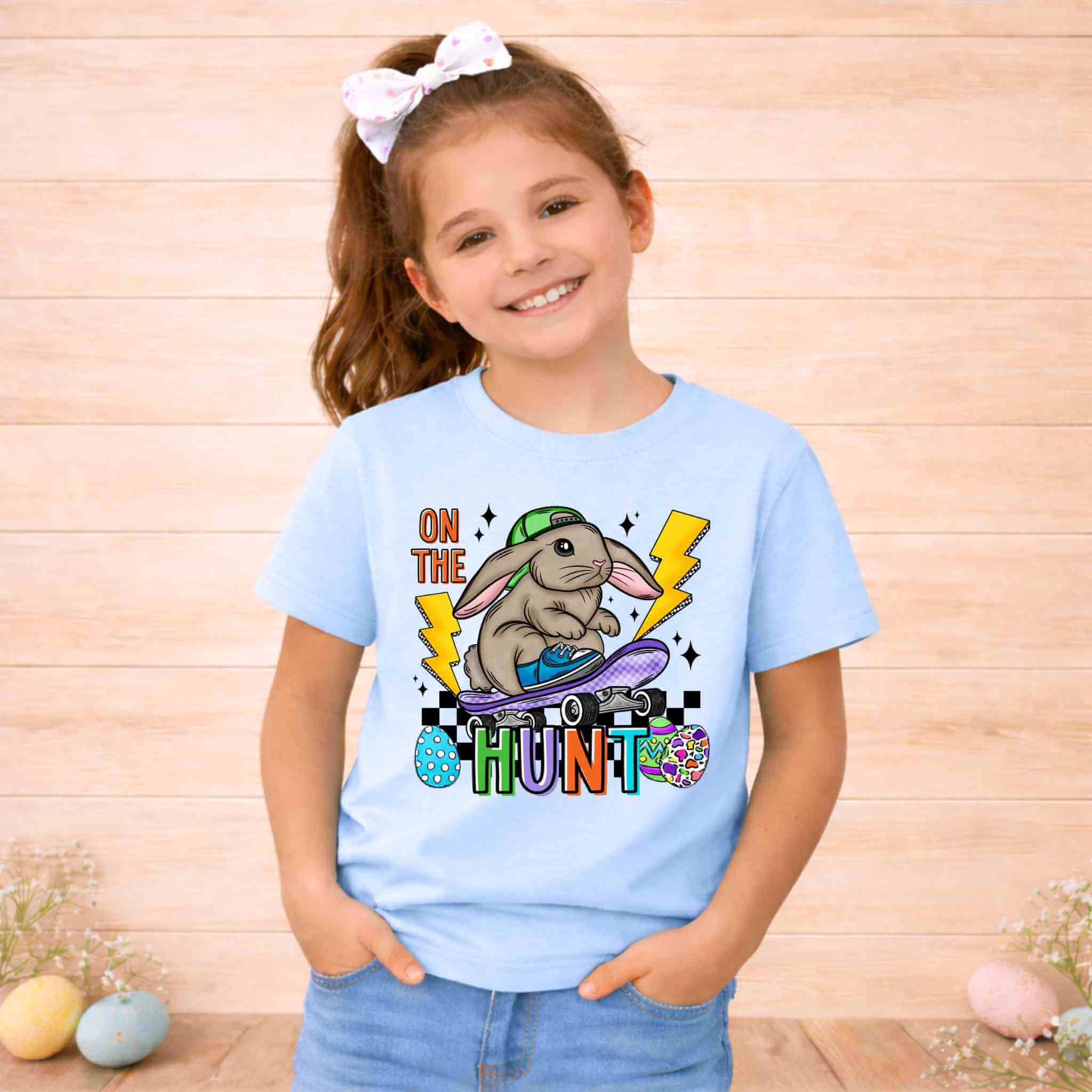 On The Hunt Easter Bunny Shirt – Youth Skateboard Easter Tee Gildan 6400B Becca's Banging Designs