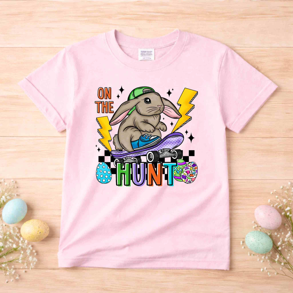 On The Hunt Easter Bunny Shirt – Youth Skateboard Easter Tee Gildan 6400B Becca's Banging Designs