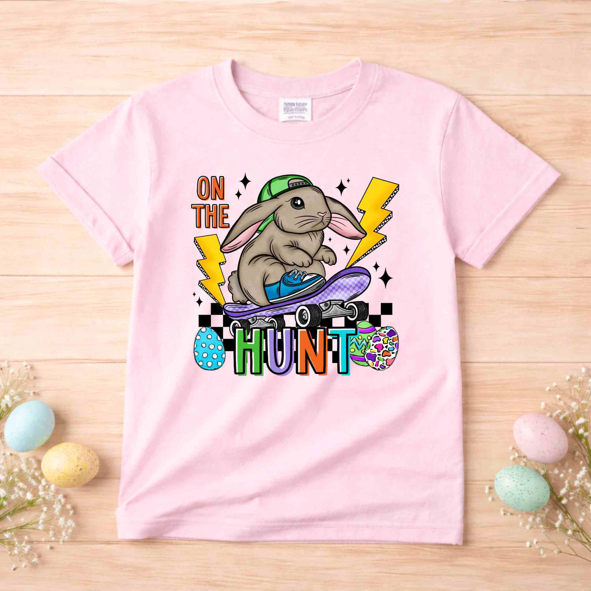 On The Hunt Easter Bunny Shirt – Youth Skateboard Easter Tee Gildan 6400B Becca's Banging Designs