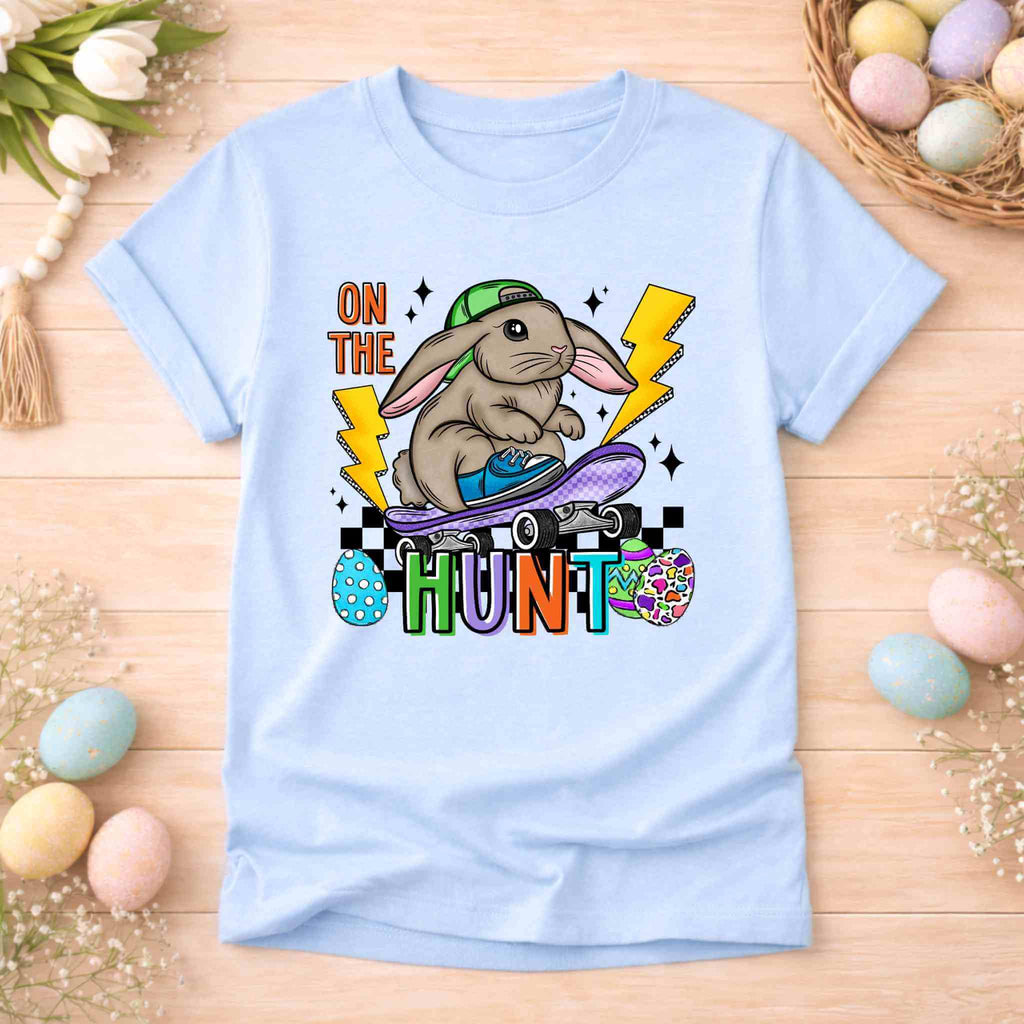 On The Hunt Easter Bunny Shirt – Youth Skateboard Easter Tee Gildan 6400B Becca's Banging Designs