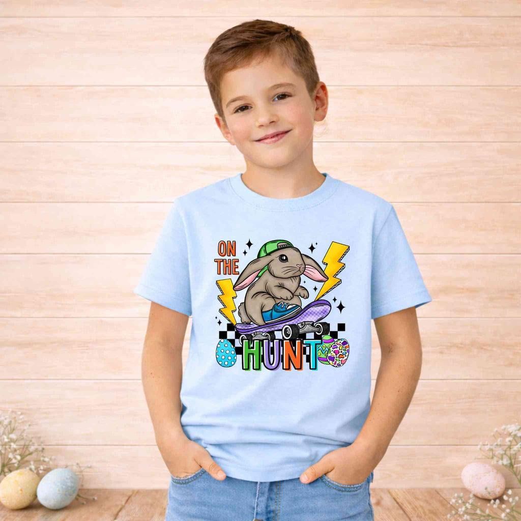 On The Hunt Easter Bunny Shirt – Youth Skateboard Easter Tee Gildan 6400B Becca's Banging Designs